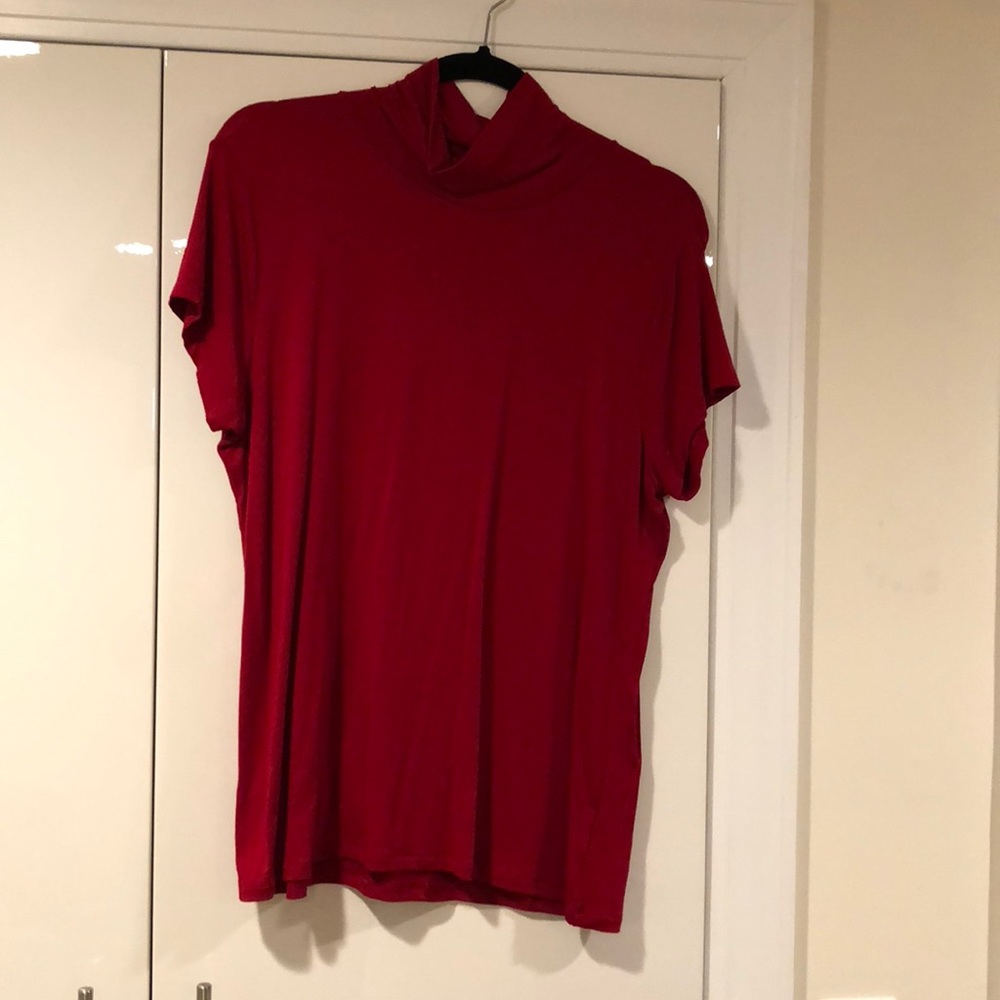 Red short sleeved turtleneck silky blouse
